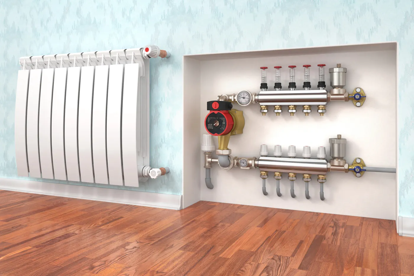 Radiateurs et collecteur après rénovation d'un circuit de chauffage à Igny